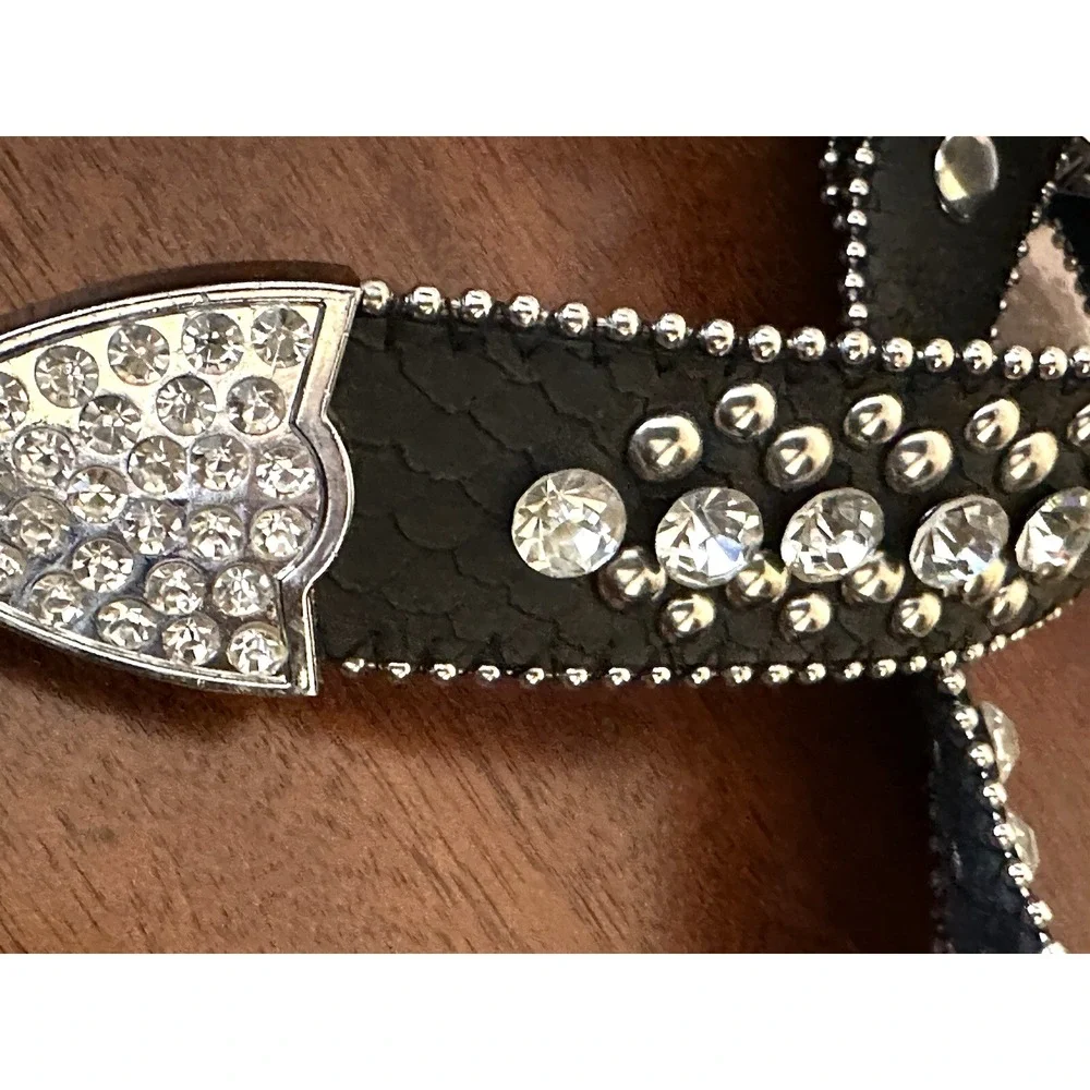Women's Black Rhinestone Leather Belt size S/M Western Style Black Belt Bling
